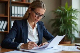 Femme professionnelle qui vérifie des documents officiels avant une visite à l'ambassade d'Indonésie