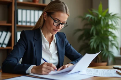 Femme professionnelle qui vérifie des documents officiels avant une visite à l'ambassade d'Indonésie