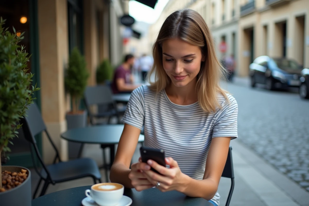 Jeune femme en terrasse de café vérifiant le numéro de téléphone fixe italien avec l'indicatif pays sur son smartphone