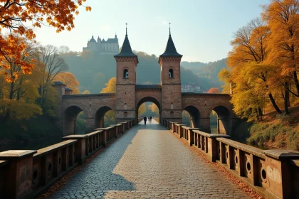 Le Vieux Pont d'Heidelberg (Alte Brücke) enjambant le Neckar en automne avec le château en arrière-plan