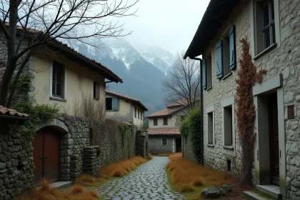 Village abandonné en montagne dans les Alpes françaises avec maisons en pierre envahies par la végétation en automne