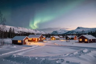 Village enneigé de Laponie sous une aurore boréale