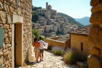 Couple de voyageurs sur un chemin pavé montant vers le village perché de Gordes en Provence au matin
