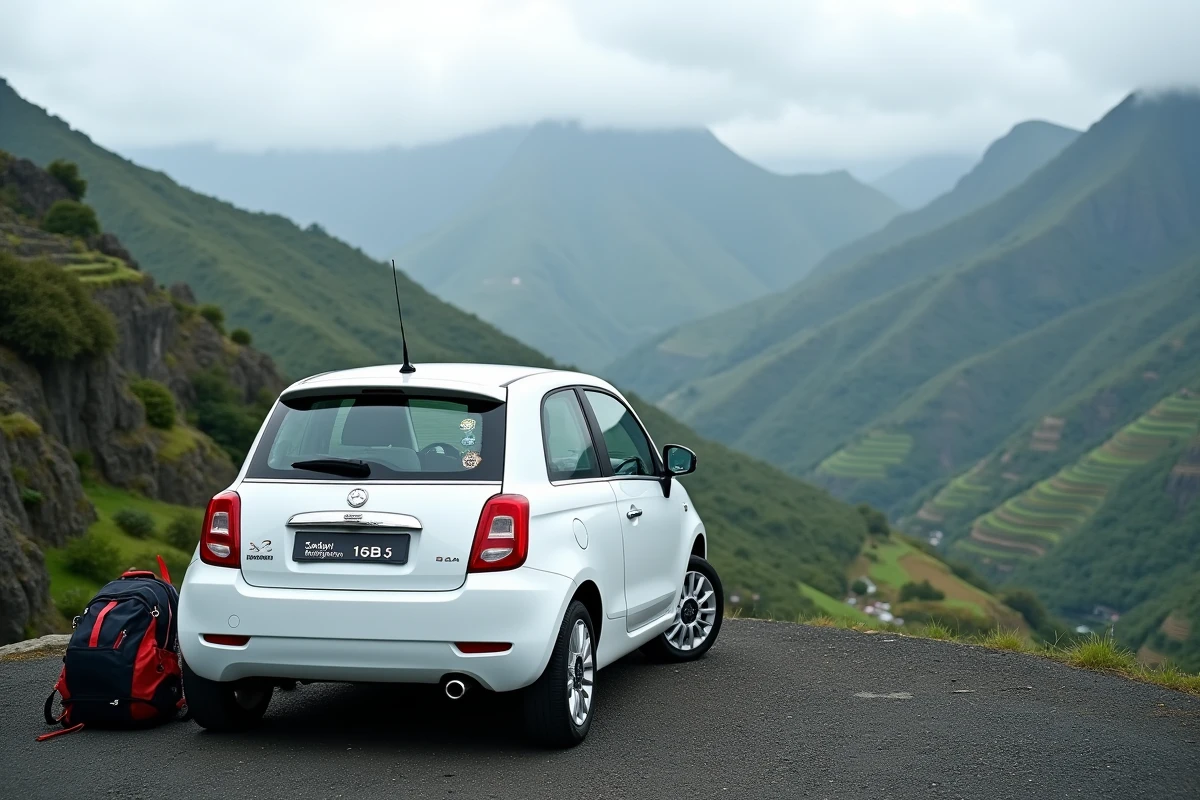 Voiture de location blanche garée à un belvédère de montagne à Madère avec paysage de levadas et de pics verdoyants en arrière-plan