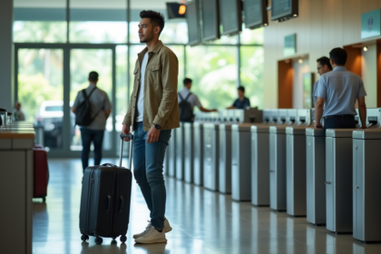 Homme asiatique confiant à Bali prépare son bagage