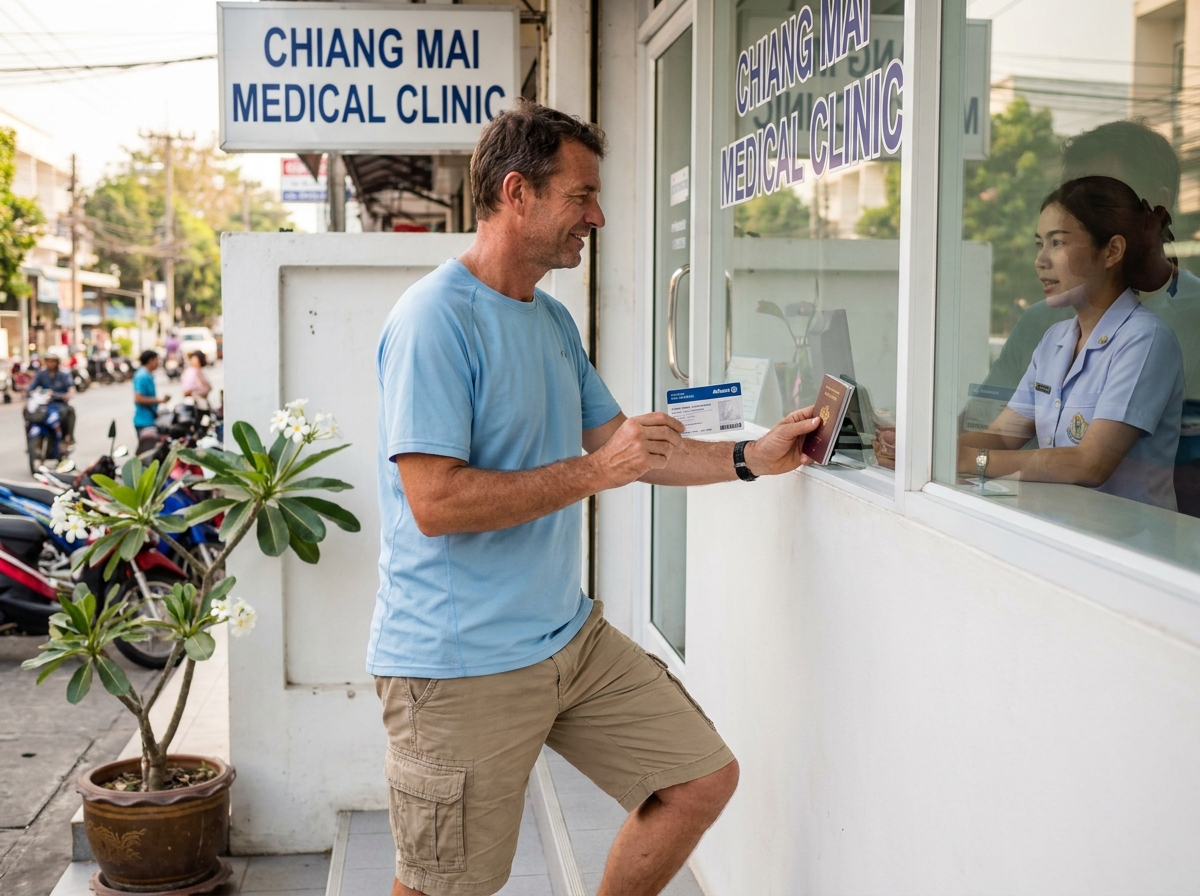 Voyageur utilisant sa carte d'assurance voyage dans une clinique médicale à Chiang Mai en Thaïlande