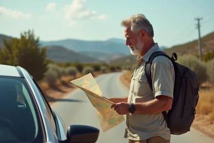 Homme en voyage avec carte routière en Corse