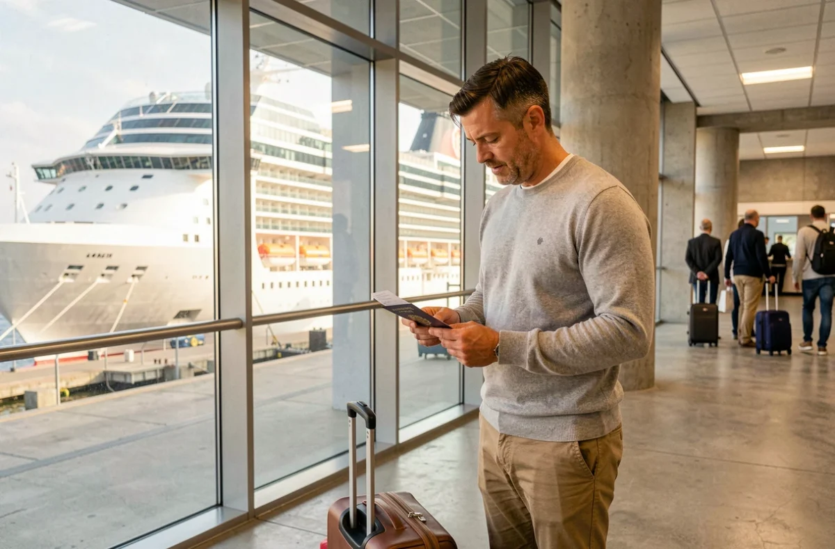 Voyageur solo vérifiant ses documents de voyage dans un terminal de croisière avant l'embarquement pour Israël