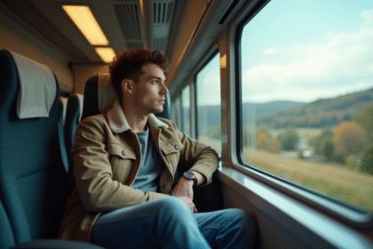 Jeune voyageur regardant par la fenêtre d'un train moderne