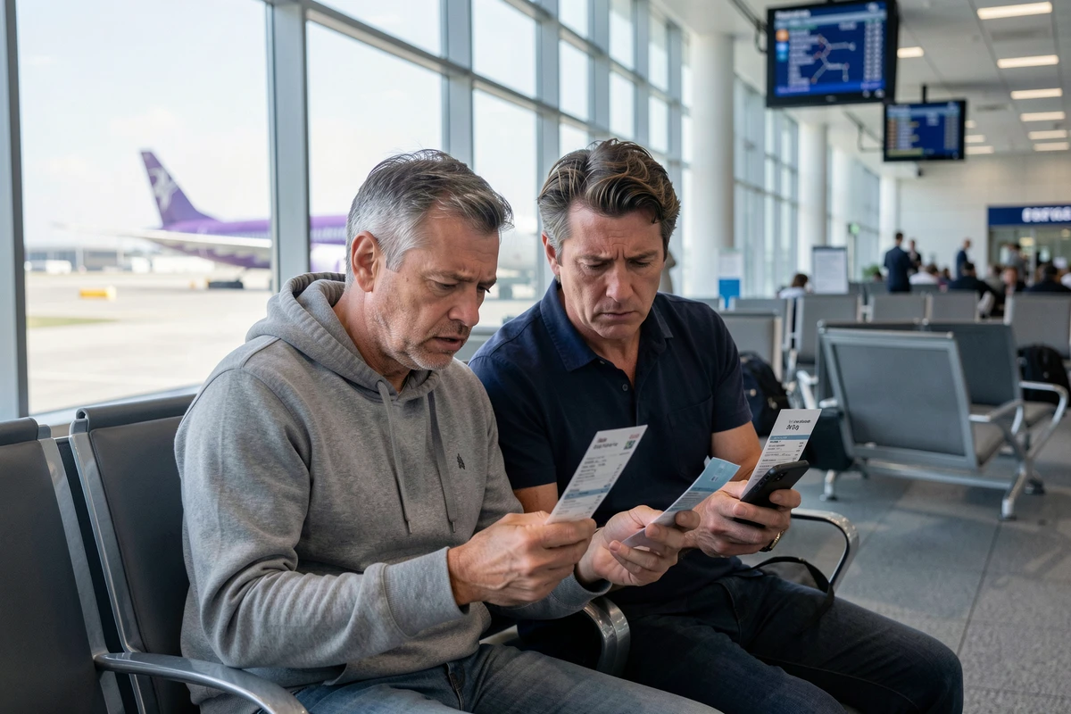 Couple à l'aéroport examinant des billets d'avion French bee et les frais associés avant l'embarquement