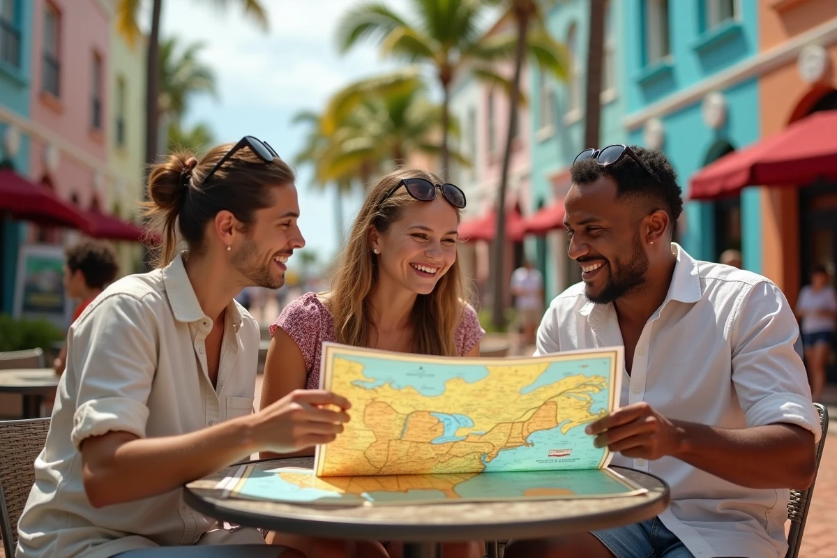 Groupe de voyageurs étudiant une carte de la côte Est américaine dans le quartier Art Déco de Miami avec architecture pastel et palmiers