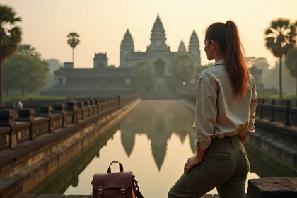 Voyageuse contemplant les temples d'Angkor Wat au Cambodge au lever du jour avec reflet dans le bassin