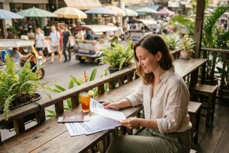 Voyageuse consultant son assurance voyage à une terrasse de café à Bangkok avant un départ en Thaïlande
