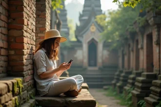 Jeune voyageuse consultant un blog voyage sur la Thaïlande assise sur les marches d'un temple bouddhiste à Chiang Mai