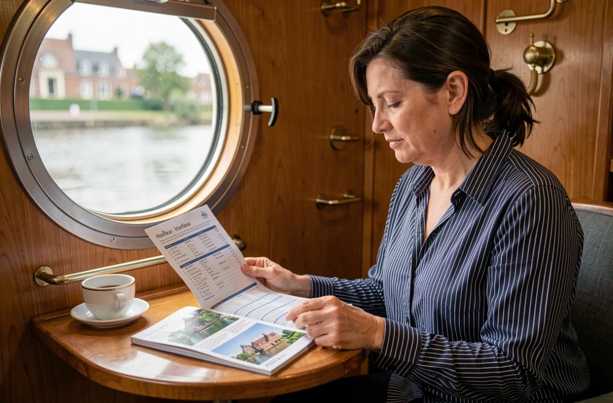 Voyageuse consultant un itinéraire de croisière sur la Seine dans sa cabine de bateau fluvial