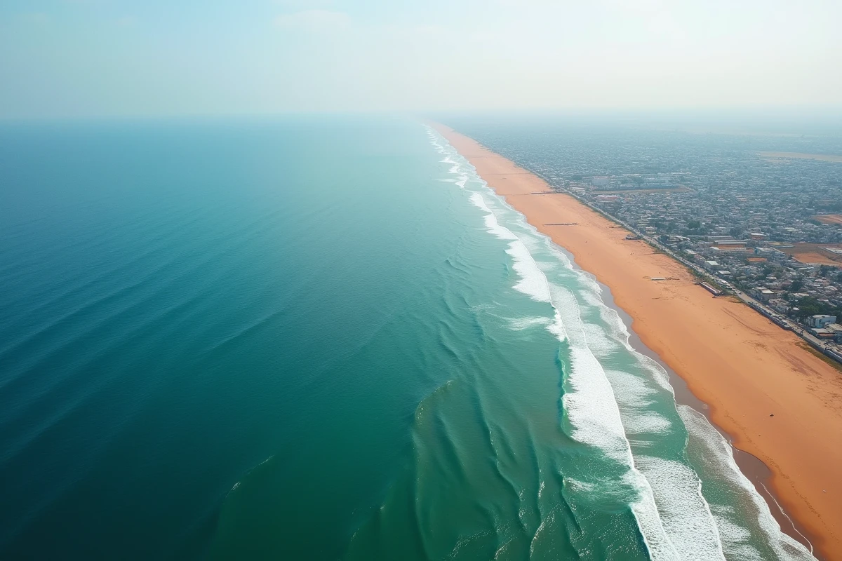 Vue aérienne de la péninsule de Dakar au Sénégal avec l'océan Atlantique, la côte sablonneuse et le tissu urbain dense