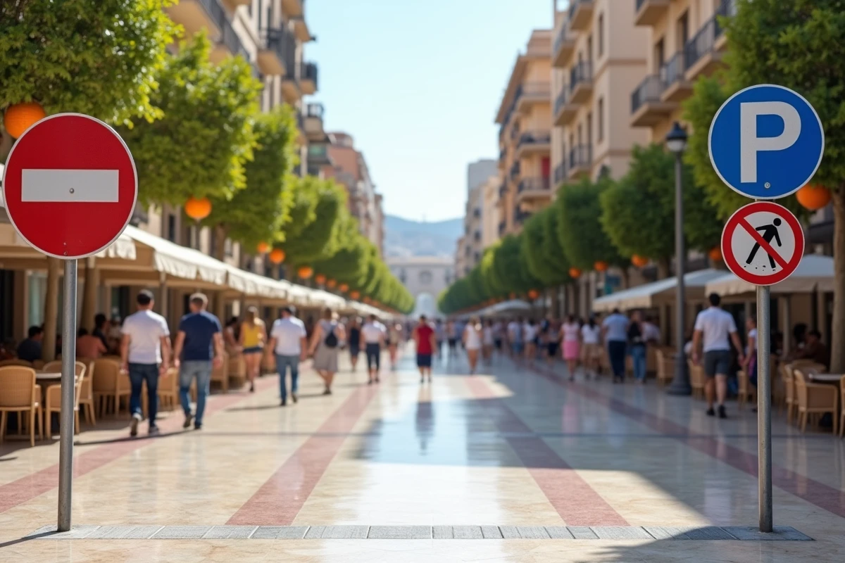 Panneaux d'interdiction de circuler et de stationnement à l'entrée d'une zone piétonne de Málaga